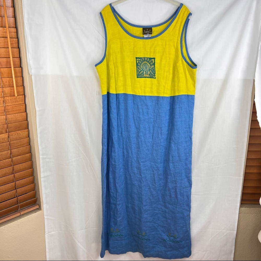 Blue Cactus Women dress Sz 3x Made In USA Yellow Blue Maxi Art to Wear Coastal